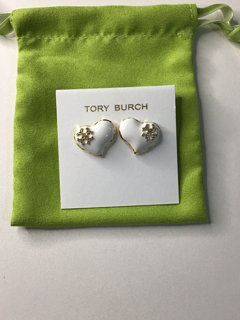 Tory Burch White Enamel Heart Stud Earrings with Gold Logo Accent